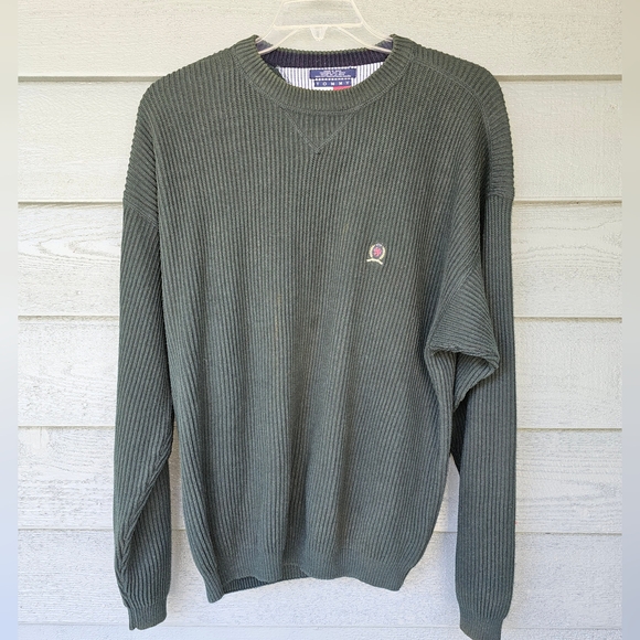 Vintage 90's Tommy Hilfiger Men's XL Dark Green Knit Crewneck Pullover Sweater - Picture 1 of 6